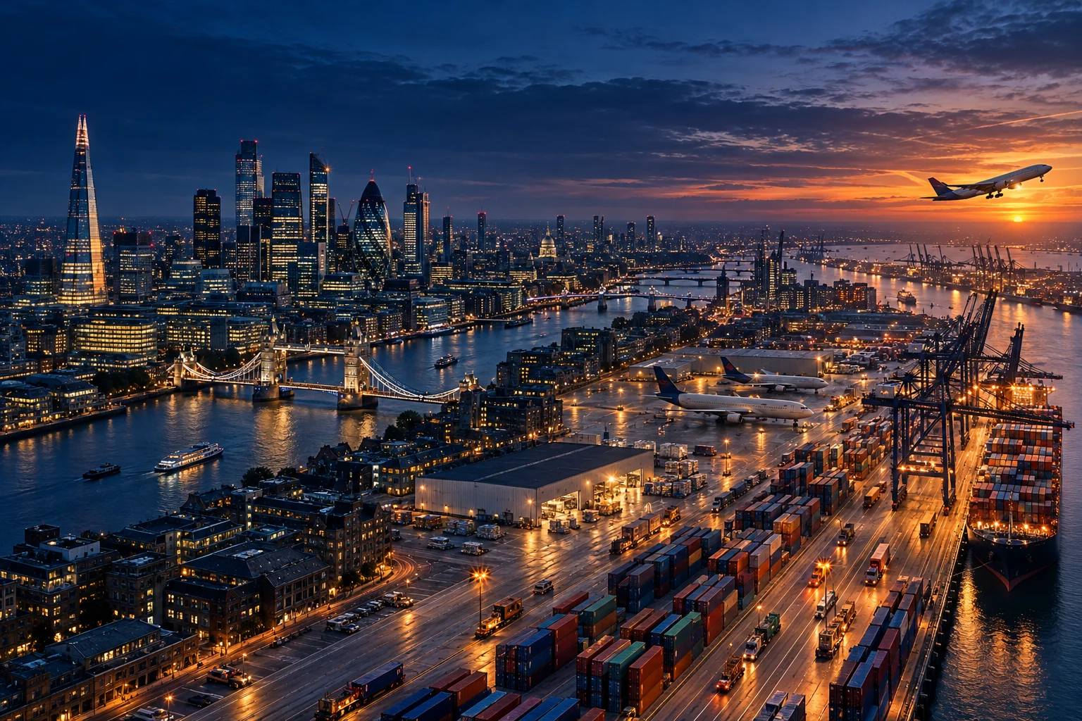 Illustration of international business, aviation and freight at dusk