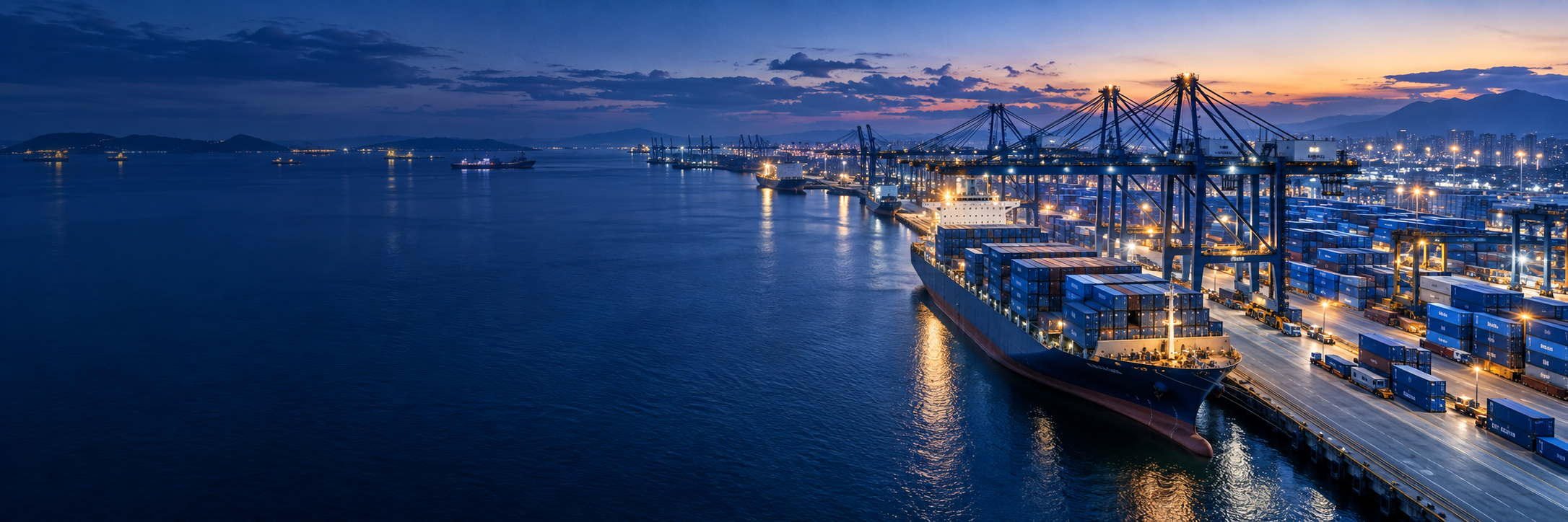International port and container terminal at dusk